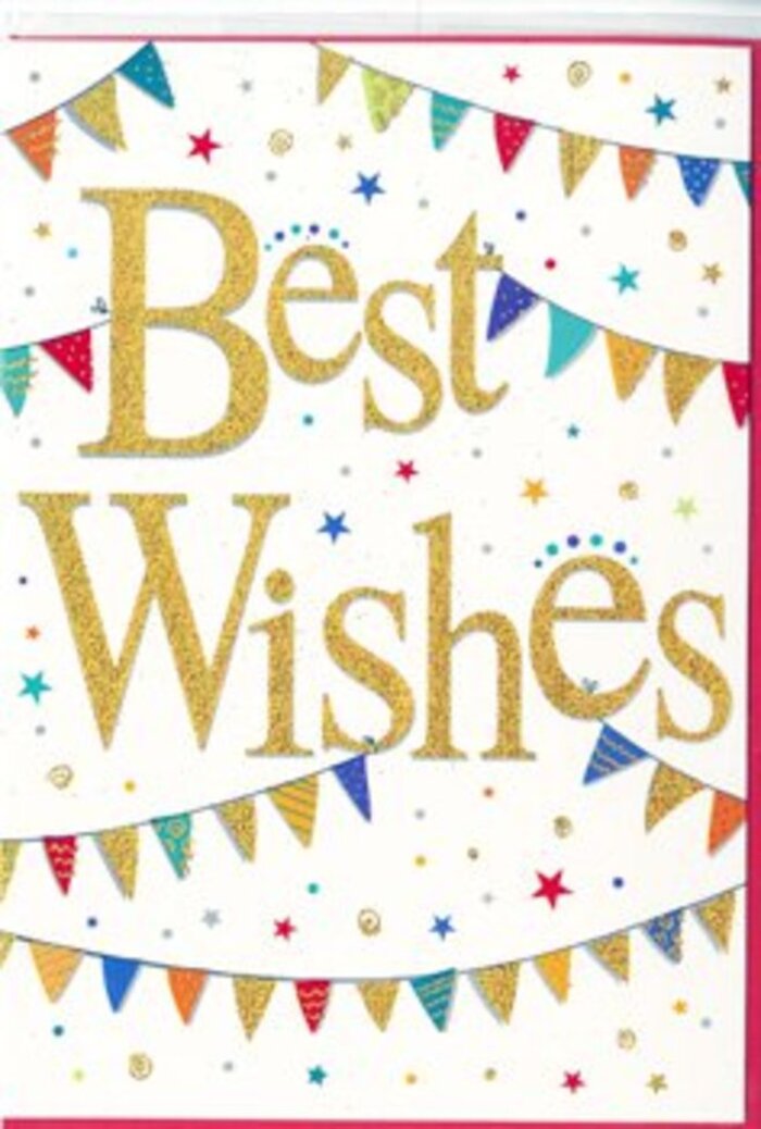 The image shows a beautifully styled Best Wishes card that radiates the quiet excitement of a celebration about to begin. The base of the card is a bright, crisp white that reflects light softly, giving everything a fresh, uplifting feel, as if placed near a window overlooking the greenery around Vauxhall Park. At the centre, the greeting Best Wishes is written in exuberant golden script, the letters embossed with a glittering, metallic sheen. The strokes twist and loop with calligraphic grace, and their three-dimensional texture suggests a pleasant, almost velvety roughness when touched. This golden centrepiece seems to glow, drawing the eye immediately. Cradling the words above and below, strings of multicoloured bunting curve in gentle arcs. Each tiny triangular flag is unique-some solid blocks of sapphire, scarlet, and emerald, others filled with lively patterns such as polka dots, fine stripes, and mosaic-style patches. The bunting evokes memories of summer fairs and community gatherings, reminiscent of colourful decorations swaying over local streets in Vauxhall during a neighbourhood event. Between the banners, small stars and confetti dots are scattered across the white background, their sizes and colours varied enough to feel random and playful. They resemble tiny bursts of fireworks captured mid-spark, adding a sense of motion and light-heartedness. The overall design remains uncluttered, with plenty of white space so the elements can breathe. This card would pair naturally with a bright, celebratory bouquet delivered to a flat overlooking the Thames or a cosy home off Kennington Lane, carrying with it a sense of proud congratulations, new beginnings, and warm encouragement for whatever comes next.