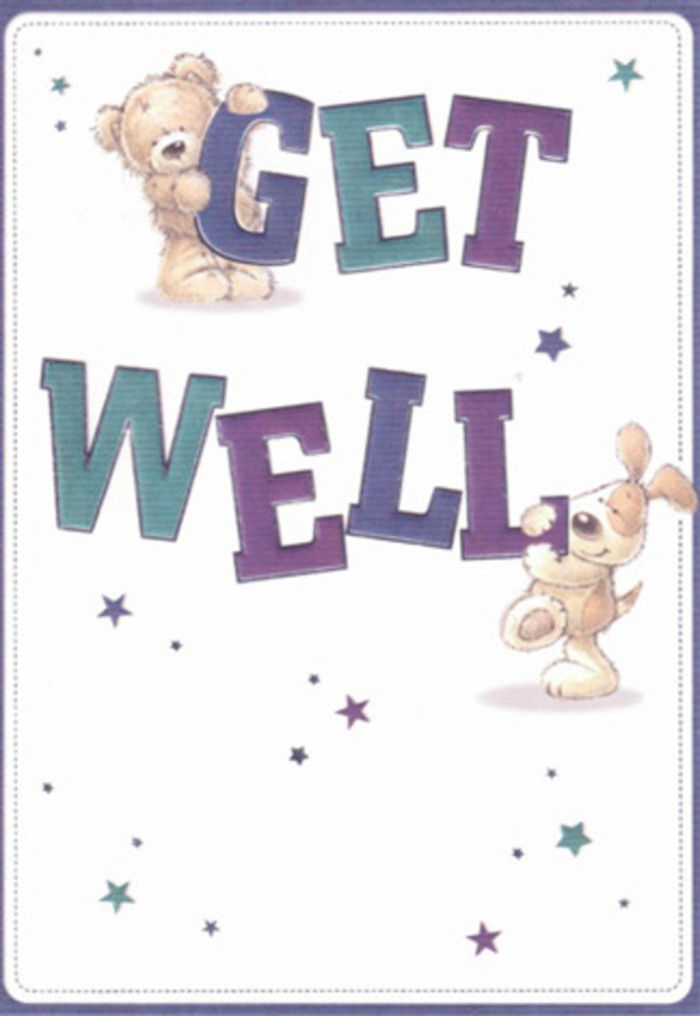 A heartfelt scene unfolds on this get well card, echoing the thoughtful gestures exchanged among neighbours in Vauxhall. The illustration presents a storybook-like bear and a floppy-eared puppy-a pair of gentle friends joined by the shared task of sending healing wishes. Their forms are invitingly textured: the bear's fur appears soft and fluffy, the puppy's long ears velvety and comforting. Playful stars in shades of sapphire and lavender swirl around them, as if blessing the space with glimmers of hope. The confident, oversized lettering in shades of purple and teal anchors the scene, its joyful arcs and bold curves adding an exuberant sense of recovery. The pristine white background creates a feeling of openness and freshness, reminding one of the light filtering through Vauxhall's tree-lined avenues. Imagining this card paired with a fragrant bouquet, one senses the harmonious possibility of floral artistry and heartfelt words joining to lift spirits. The overall mood is airy and restorative-a buoyant, reassuring note that speaks to the compassion and optimism found in local shops and homes.
