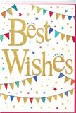 A single congratulations card fills the frame, its simplicity balanced by joyful detail. The backdrop is a pristine, matte white, like fresh stationery laid out on a tidy table in a Vauxhall town house, allowing every colour to stand out clearly. Dominating the centre, the phrase Best Wishes is written in glamorous golden script, the letters raised and sparkling as if brushed with fine glitter. They curve and sweep with a natural fluidity, catching the light and giving the words a celebratory glow, almost reminiscent of confetti thrown into the air. Draped above and below this gilded message, strands of bunting form loose, graceful arcs. Each tiny triangular pennant carries its own splash of colour-bold reds, rich blues, fresh greens, sunny yellows, and occasional softer pastels. Some flags are plain, others enlivened with tiny white dots, neat stripes, or playful geometric patterns, echoing decorations you might see at a birthday picnic along the riverside paths near Vauxhall. Tiny star shapes and scattered round dots are sprinkled across the open white space, in coordinating colours that feel like confetti still suspended mid-air. This random scattering adds an easy, carefree movement, preventing the card from ever feeling static. Despite all the colour and sparkle, the layout remains gentle on the eye, with enough open space to frame the gold lettering and keep the message at the heart. The mood is unmistakably upbeat and hopeful, ideal to accompany flowers sent for a promotion, a housewarming, a new baby, or any moment in Vauxhall where you simply want to send pure, genuine good wishes.